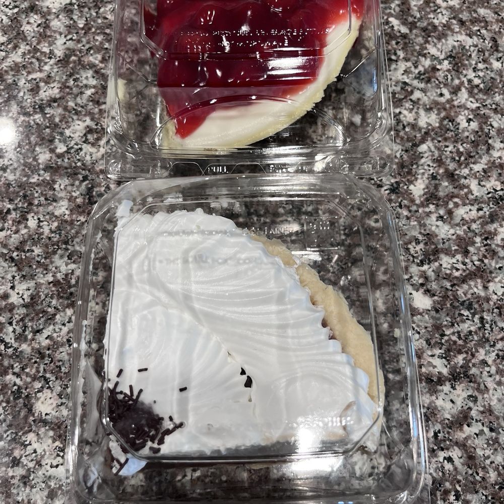 CHEESECAKE WITH CHERRY TOPPING PIE slice and CHOCOLATE CRME PIE (SLICE)