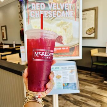 McAlister's Deli - Strawberry lemonade with black cherry, peach, and strawberry purée. - Delis Near Me - Greenville, South Carolina McAlister's Deli - Strawberry lemonade with black cherry, peach, and strawberry purée. - Delis Near Me - Greenville, South Carolina