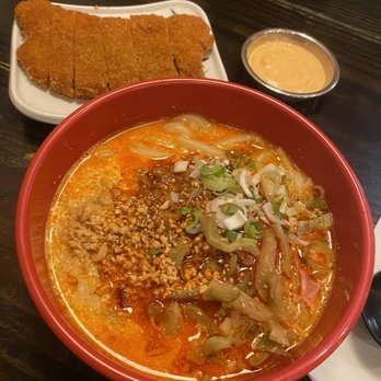 Ishin Udon - Tan Tan Udon Noodles (below), Don Katsu (above) - Japanese Near Me - Houston, Texas Ishin Udon - Tan Tan Udon Noodles (below), Don Katsu (above) - Japanese Near Me - Houston, Texas