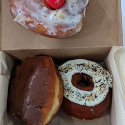 Pineapple (top) Boston cream, everything bagel seasoning, raspberry donut holes