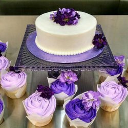 Let Them Eat Cake - Smooth frosted cake, rosette swirl piped onto cupcakes with edible glitter. Plus non edible flowers.