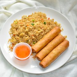 Fried rice, 3 eggrolls, and sweet sauce & shrimp sauce