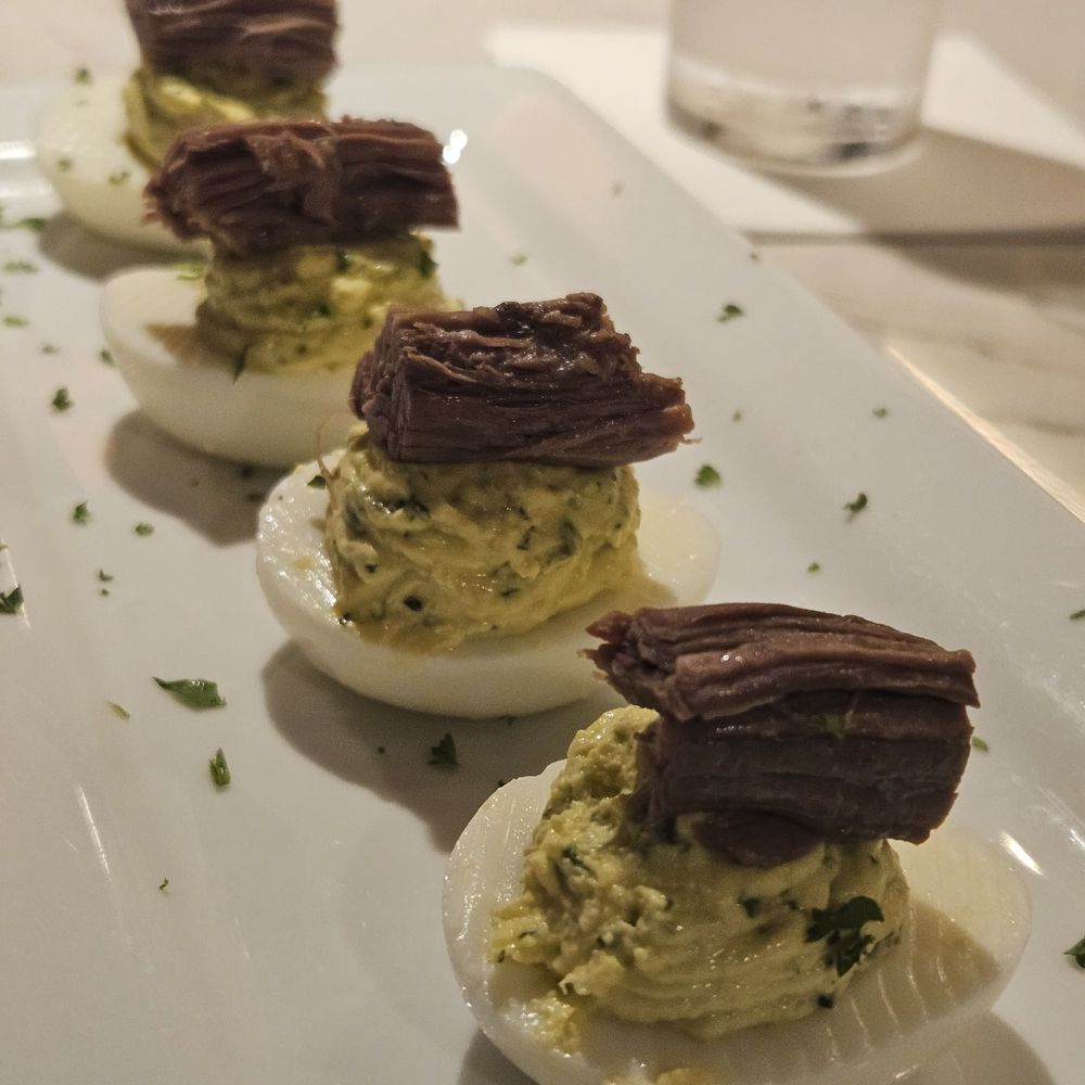 Riverside Grille - Deviled eggs topped with brisket...YUM! - American Near Me - Beaumont, Texas Riverside Grille - Deviled eggs topped with brisket...YUM! - American Near Me - Beaumont, Texas