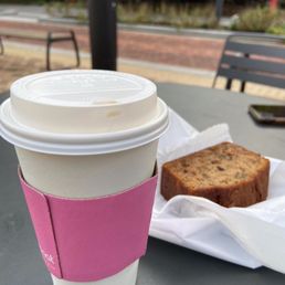 Coffee and a slice of banana bread. Coffee and a slice of banana bread.