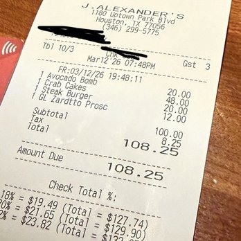 J. Alexander's - Receipt - New American Near Me - Houston, Texas