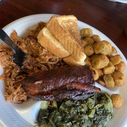 Boo's Smokehouse BBQ - Pulled pork with a rib, greens and fried okra