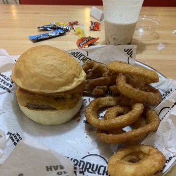 Fuddruckers - Small burger with cheddar with onion rings and Reese's cup shake - Burgers Near Me - Myrtle Beach, South Carolina Fuddruckers - Small burger with cheddar with onion rings and Reese's cup shake - Burgers Near Me - Myrtle Beach, South Carolina