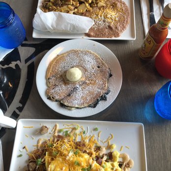 The Pan - Loaded hash browns, blueberry pancake and chorizo scramble. Could have spilt one of these. - Pizza Near Me - Gardena, California The Pan - Loaded hash browns, blueberry pancake and chorizo scramble. Could have spilt one of these. - Pizza Near Me - Gardena, California