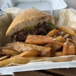 Half pound cheeseburger, on a ciabatta bun. French fries didn't come with Ordered separately. Half pound cheeseburger, on a ciabatta bun. French fries didn't come with Ordered separately.