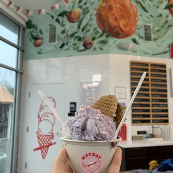 Mayday Ice Cream - One scoop of half blueberry cinnamon toast and half blackberry Earl Grey with complementary cookies and sprinkles - Ice Cream & Frozen Yogurt Near Me - Jacksonville, Florida Mayday Ice Cream - One scoop of half blueberry cinnamon toast and half blackberry Earl Grey with complementary cookies and sprinkles - Ice Cream & Frozen Yogurt Near Me - Jacksonville, Florida