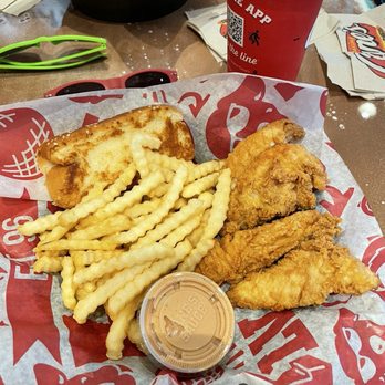 Raising Cane's Chicken Fingers - The box! 4 tenders, crinkle fries, Texas toast, opted for a second sauce (not pictured) vs. the coleslaw. - Fast Food Near Me - Willoughby, Ohio