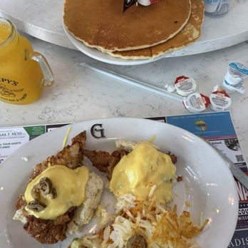 Grumpy's Restaurant - Fried Chicken Benedict (with side of pancakes) - Breakfast & Brunch Near Me - St. Johns, Florida