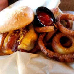 Happy Trails Brewing - Triple cheese, bacon burger and onion rings!
