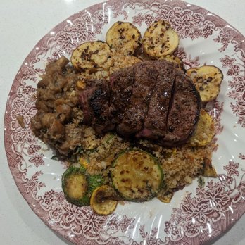 Goodfood - Filet mignon with roasted potatoes, mushroom in gravy, and panko crusted zucchini and squash - Do-It-Yourself Food Near Me