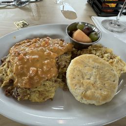 Brisket Scramble, hashbrown casserole, fruit, biscuit Brisket Scramble, hashbrown casserole, fruit, biscuit