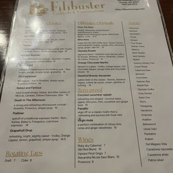 Filibuster Lounge - Their menu as of August 4th, 2023 - Cocktail Bars Near Me - Olympia, Washington