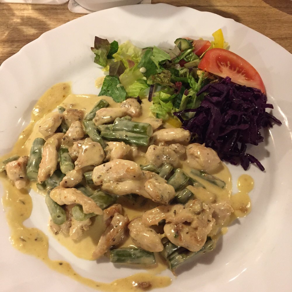 Pivnice Pegas - Cubed chicken with cream sauce and asparagus- yummy! - Czech Near Me - Brno, JM Pivnice Pegas - Cubed chicken with cream sauce and asparagus- yummy! - Czech Near Me - Brno, JM