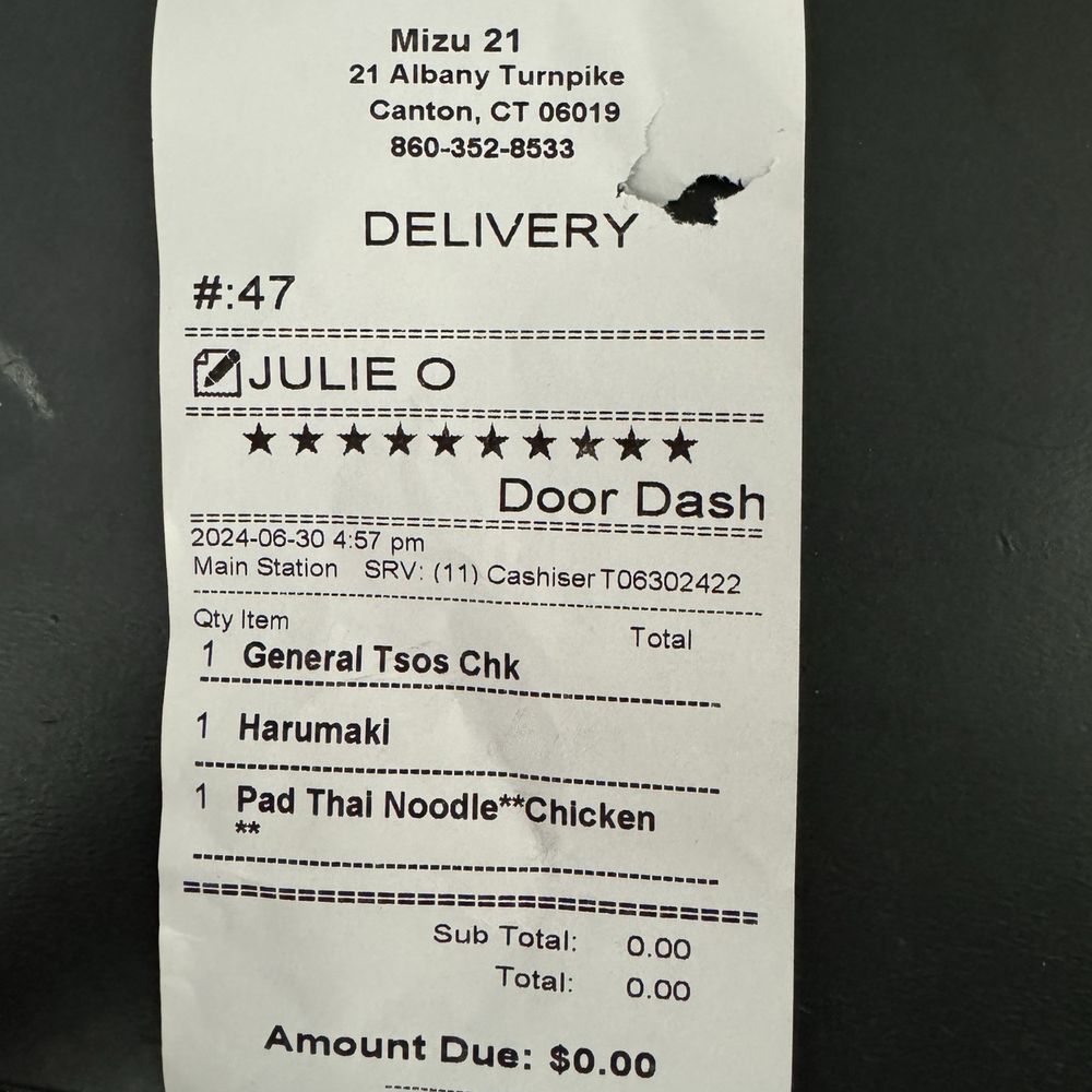 Mizu 21 - Receipt for items purchased. - Sushi Bars Near Me - Canton, Connecticut Mizu 21 - Receipt for items purchased. - Sushi Bars Near Me - Canton, Connecticut