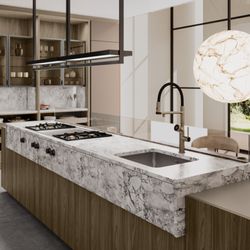 Arete Kitchens - Sanded finish natural stone raised countertop section with wood surround.
