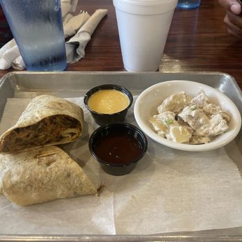Fireside Craft Burgers & Brews - Burrito with EVERYTHING.  Pulled pork, brisket, bacon, queso, etc.  Side potato salad. - New American Near Me - LaGrange, Indiana