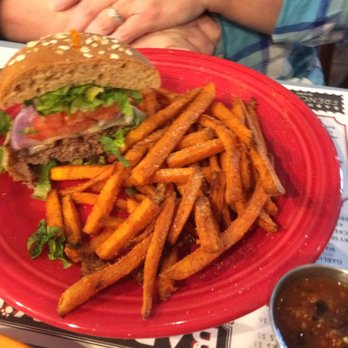 Barnaby's Cafe - Guacamole Cheeseburger and Sweet Potato fries. - American Near Me - Houston, Texas