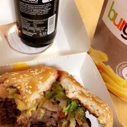 burgerme - Double stacked geese burger, Kola and fries. Burger looks beat because I have a toddler who kept trying to steal it. It was THAT good!