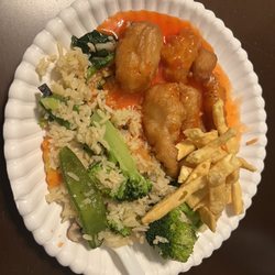New Hong Kong Chinese Foods - Yummy Sweet & Sour Chicken, veggie fried rice, crispy noodles.