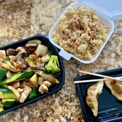 Sushi Ohayo - Steak, chicken, and shrimp hibachi with fried rice and beef gyozas.