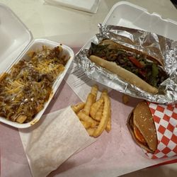 Burger Shack - Chili cheese fries, regular fries, Cheeseburger, Philly Cheese Steak