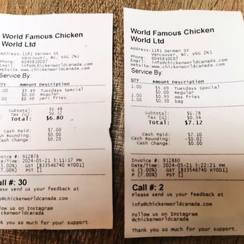 Chicken World - 30 cents bag charges added without asking. - Chicken Shop Near Me - Vancouver, British Columbia