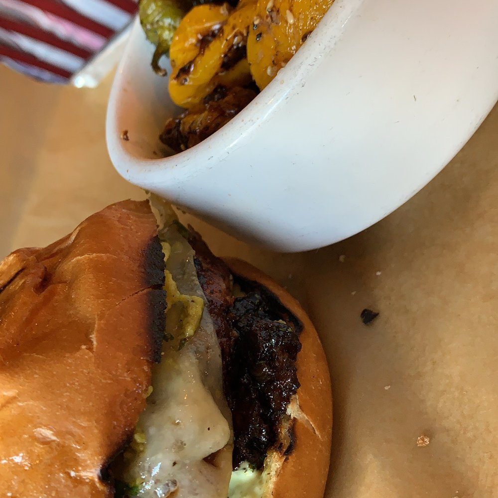 BakeChop - Left Handed burger with a side of blistered peppers. - Coffee & Tea Near Me - Deland, Florida BakeChop - Left Handed burger with a side of blistered peppers. - Coffee & Tea Near Me - Deland, Florida