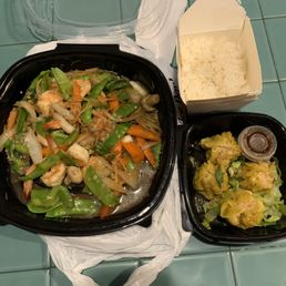 Stir Fry Ginger Shrimp, Shau Mai, rice