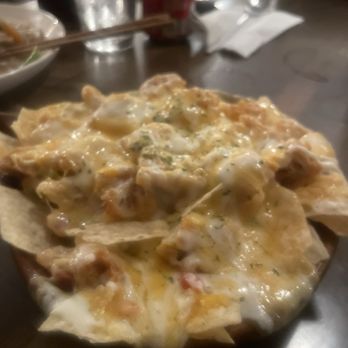 The Lotus - Chicken nachos - we really loved the chopped up peppers, onions hidden underneath - Korean Near Me - Ithaca, New York