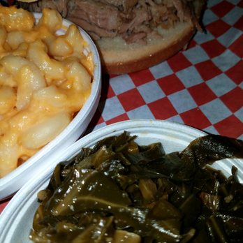 On Q Smokehouse Grill - Pulled pork sandwich platter with greens and mac & cheese - $8.99 - Smokehouse Near Me - St. Leo, Florida