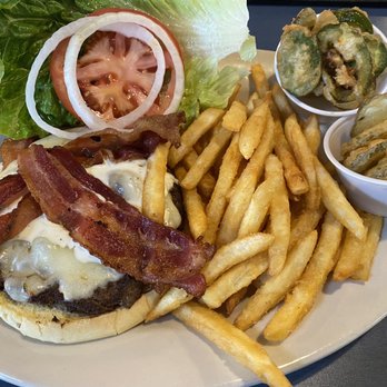 Fitz's SoCo - Bacon Ranch burger with crispy jalapeños and pickles on side - American Near Me - Sappington, Missouri