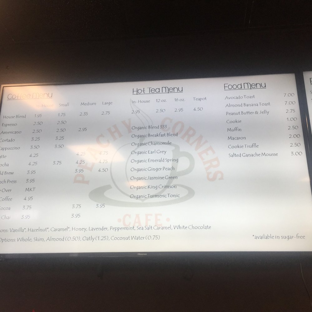 Peachy Corners Cafe - Coffee & organic tea menu, and snack menu - Coffee & Tea Near Me - Peachtree Corners, Georgia Peachy Corners Cafe - Coffee & organic tea menu, and snack menu - Coffee & Tea Near Me - Peachtree Corners, Georgia