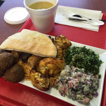 Falafel  Dream - Combo with beef and chk kefta kabob, grilled chk chunks, rice, tabouleh & Jerusalem salad. I added a few falafel and lentil soup - Middle Eastern Near Me - Chicago, Illinois