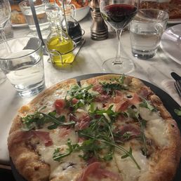 Restaurant Week - prosciutto & fig jam pizza with a glass of Ceretto Barolo Restaurant Week - prosciutto & fig jam pizza with a glass of Ceretto Barolo