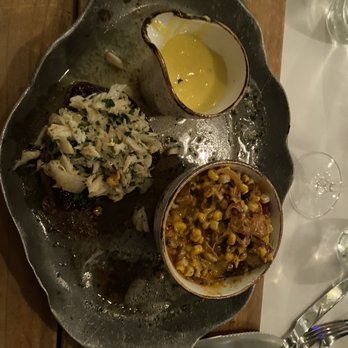 Voyagers - Petit filet, with crab Oscar and cream corn... smoked corn was fabulous. - Seafood Near Me - Orange Beach, Alabama Voyagers - Petit filet, with crab Oscar and cream corn... smoked corn was fabulous. - Seafood Near Me - Orange Beach, Alabama