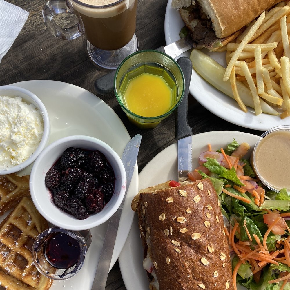 Toasties Cafe - Eggplant sandwich, Philly cheesesteak, ollalieberry waffle, orange juice, mocha - American Near Me - Pacific Grove, California Toasties Cafe - Eggplant sandwich, Philly cheesesteak, ollalieberry waffle, orange juice, mocha - American Near Me - Pacific Grove, California