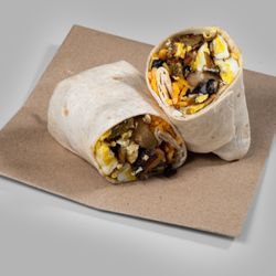 Breakfast Burrito  flour tortilla, egg, potato, black beans, bell peppers, cheddar cheese