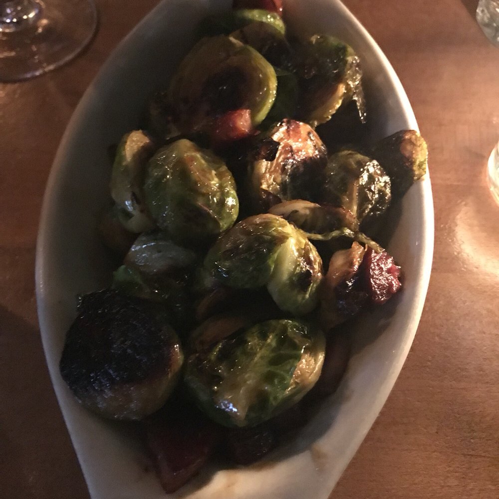 Phebe's - Brussels sprouts and bacon bits with maple glaze sauce. - American Near Me - New York, New York Phebe's - Brussels sprouts and bacon bits with maple glaze sauce. - American Near Me - New York, New York