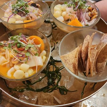 Limón - Ceviche trio mixto with chips (separate) - Peruvian Near Me - Walnut Creek, California Limón - Ceviche trio mixto with chips (separate) - Peruvian Near Me - Walnut Creek, California