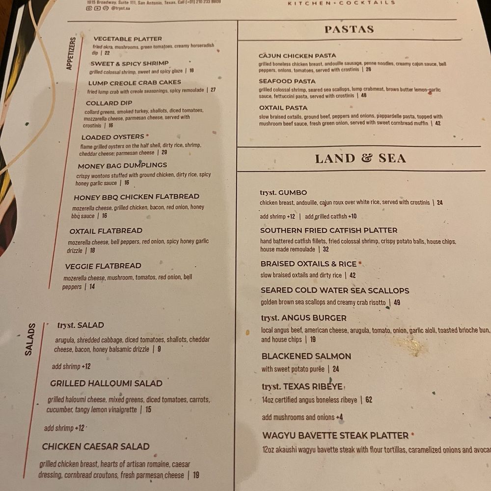 Tryst Kitchen + Cocktails - Apps & entrees - Cajun/Creole Near Me - San Antonio, Texas Tryst Kitchen + Cocktails - Apps & entrees - Cajun/Creole Near Me - San Antonio, Texas