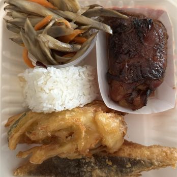 Kabuki Restaurant - Son's plate! Gobo, shoyu chicken, halibut, vegetable tempura, plain musubi - Japanese Near Me - Aiea, Hawaii Kabuki Restaurant - Son's plate! Gobo, shoyu chicken, halibut, vegetable tempura, plain musubi - Japanese Near Me - Aiea, Hawaii