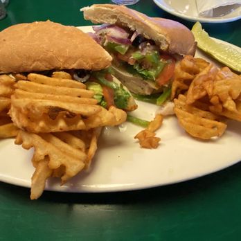 Oregano's - Turkey sandwich, waffle fries and a pickle spear - Pizza Near Me - Queen Creek, Arizona