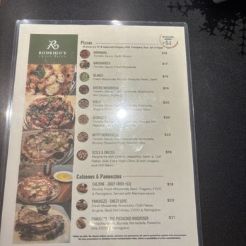 Rodrigo's Craft Pizza - Back side of menu - Pizza Near Me - Jacksonville, Florida