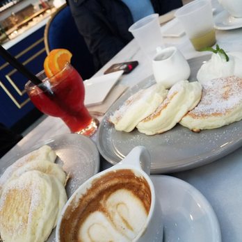 Basilur - Pancakes and cappuccino. Notice difference in color between the pancakes - Coffee & Tea Near Me - Buena Park, California