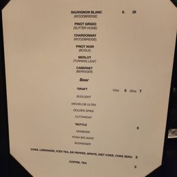 Wine and beer menu