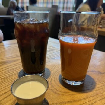 George + Kin's Diner - Cold brew left & carrot juice right (large size) - Diners Near Me - Napa, California George + Kin's Diner - Cold brew left & carrot juice right (large size) - Diners Near Me - Napa, California